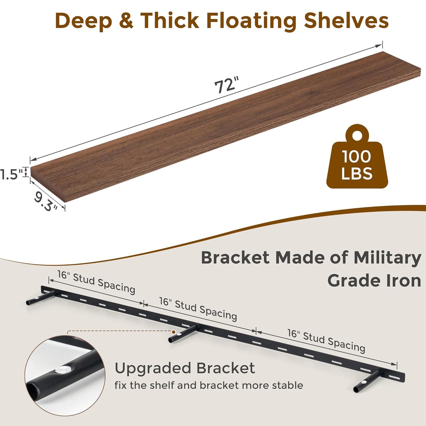 ShelfLoft 72" Wide x 9.3" Deep Floating Shelves for Wall Storage,Walnut-1 Pack