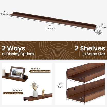 ShelfLoft 72" Wide x 4.7" Deep Solid Ash Wood Picture Ledge Shelf Groove Floating Shelves,Set of 2