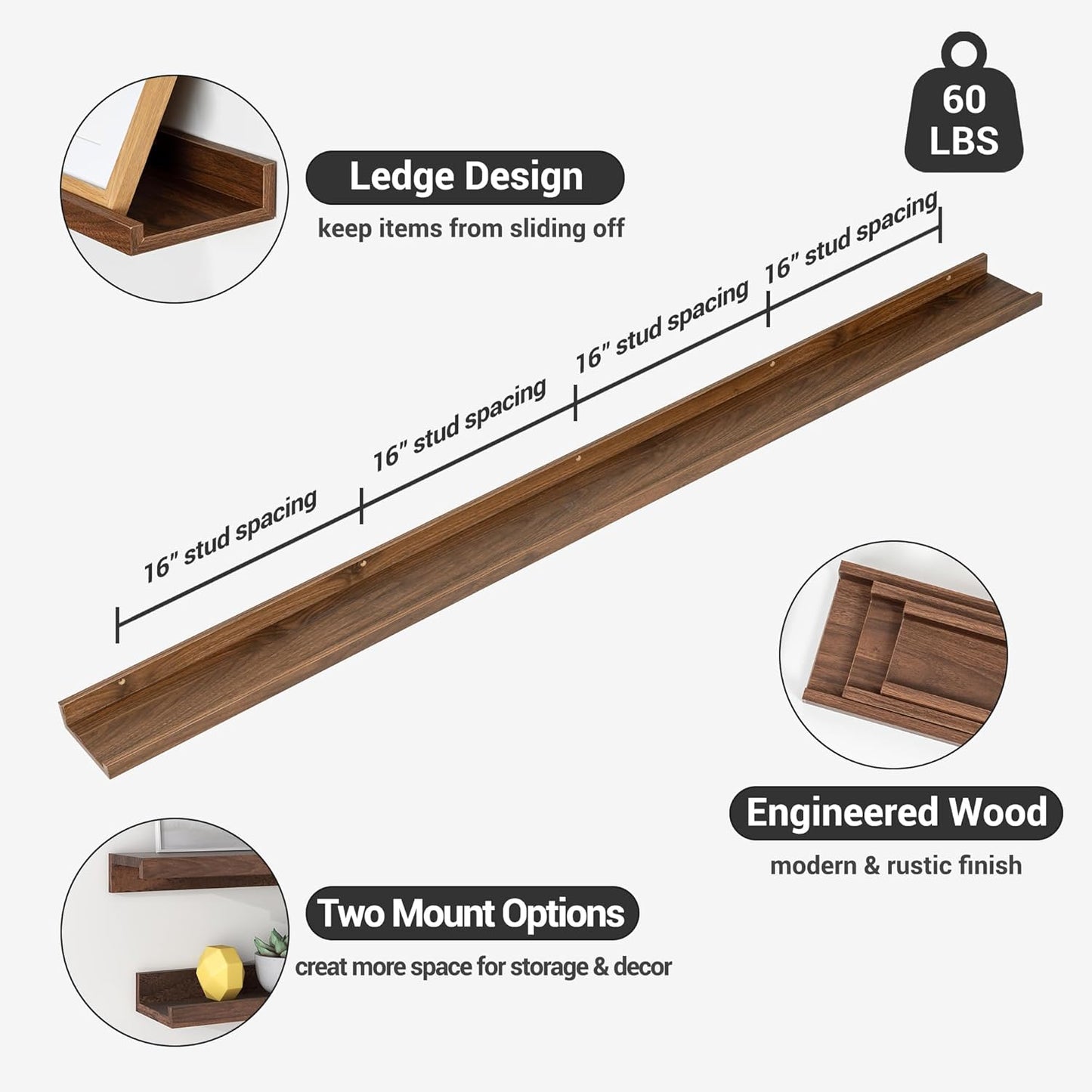 ShelfLoft 5.7"D x 2"H Walnut Picture Ledge Shelf Floating Shelves with Lip, Set of 3