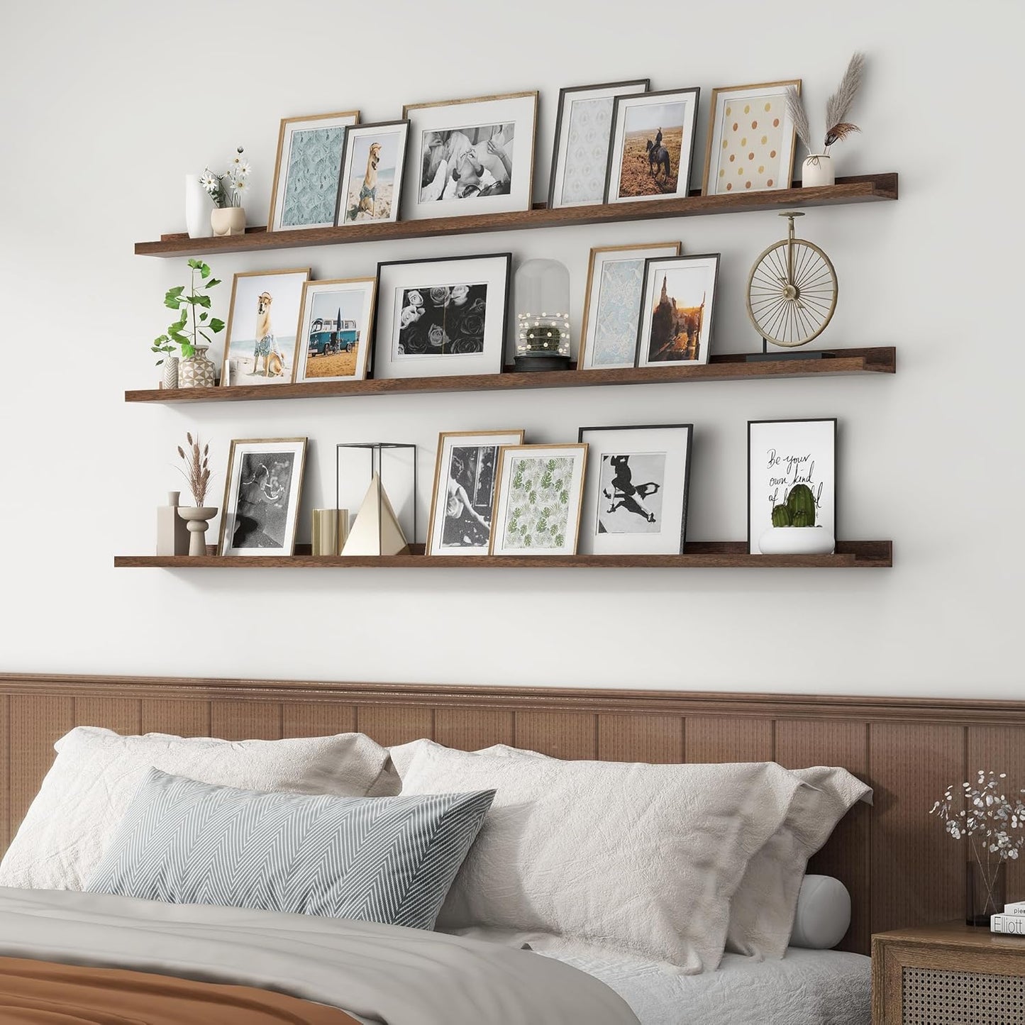 ShelfLoft 5.7"D x 2"H Walnut Picture Ledge Shelf Floating Shelves with Lip, Set of 3