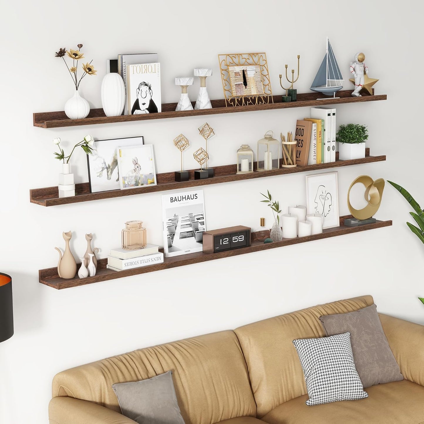 ShelfLoft 72"W x 5.7"D Walnut Picture Ledge Shelf Floating Shelves with Lip Set of 3