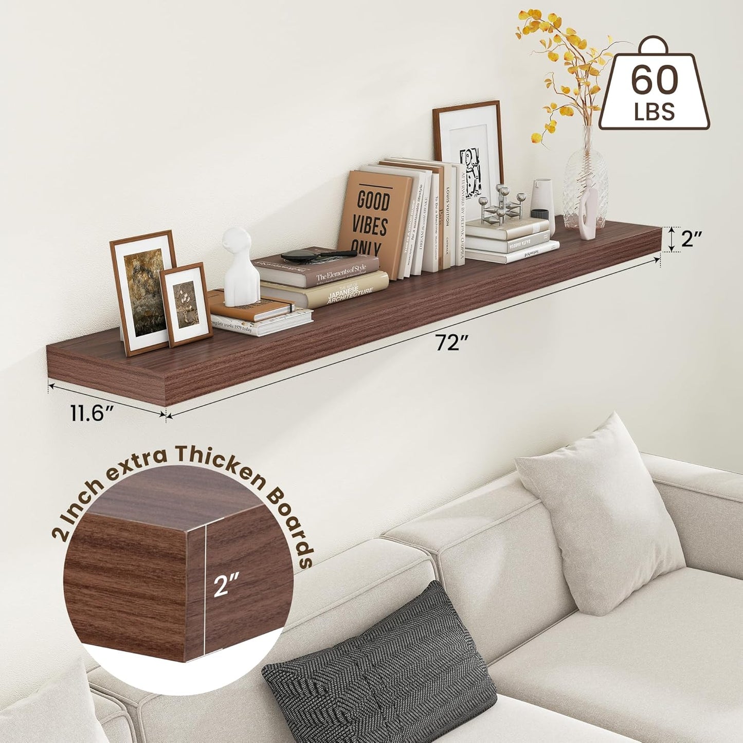 ShelfLoft 11.6"D x 2"H Walnut Floating Shelves for Wall Storage