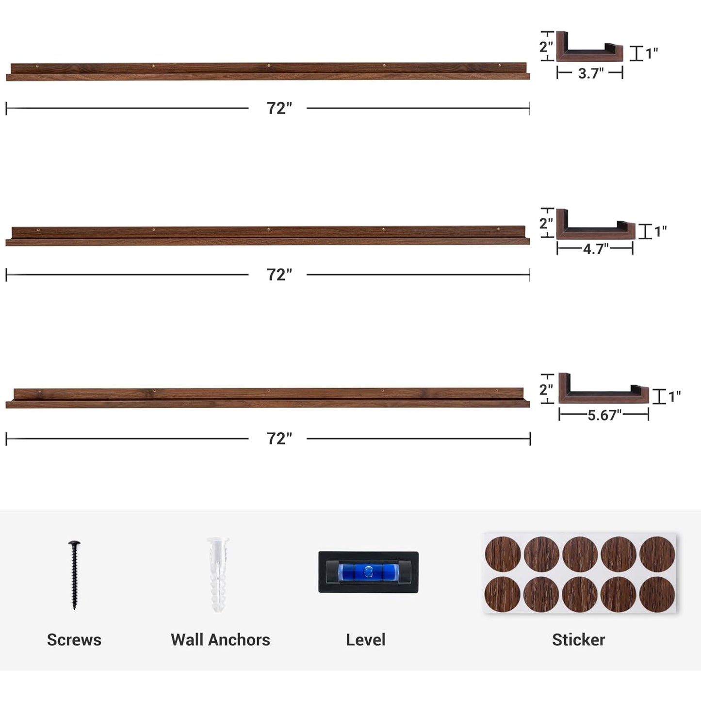 ShelfLoft 72"W x 5.7"D Walnut Picture Ledge Shelf Floating Shelves with Lip Set of 3
