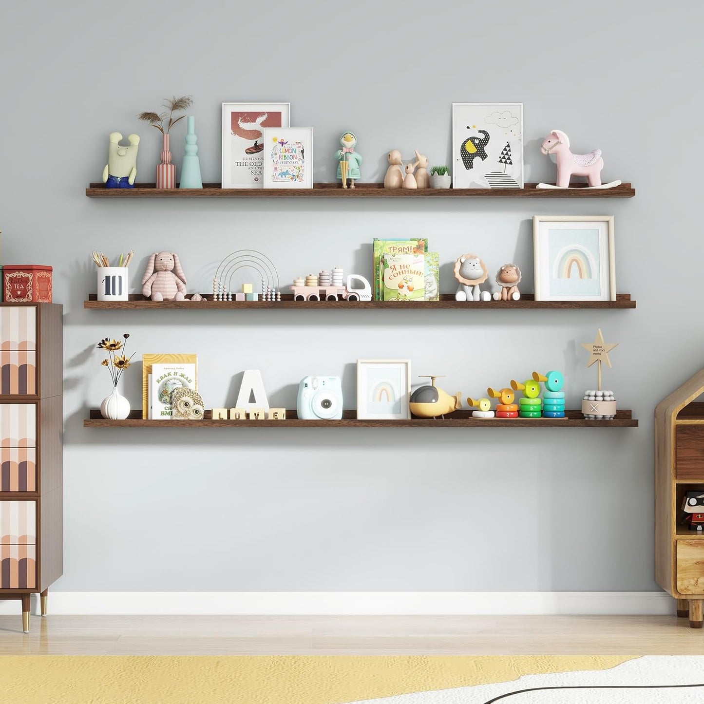 ShelfLoft 72"W x 5.7"D Walnut Picture Ledge Shelf Floating Shelves with Lip Set of 3