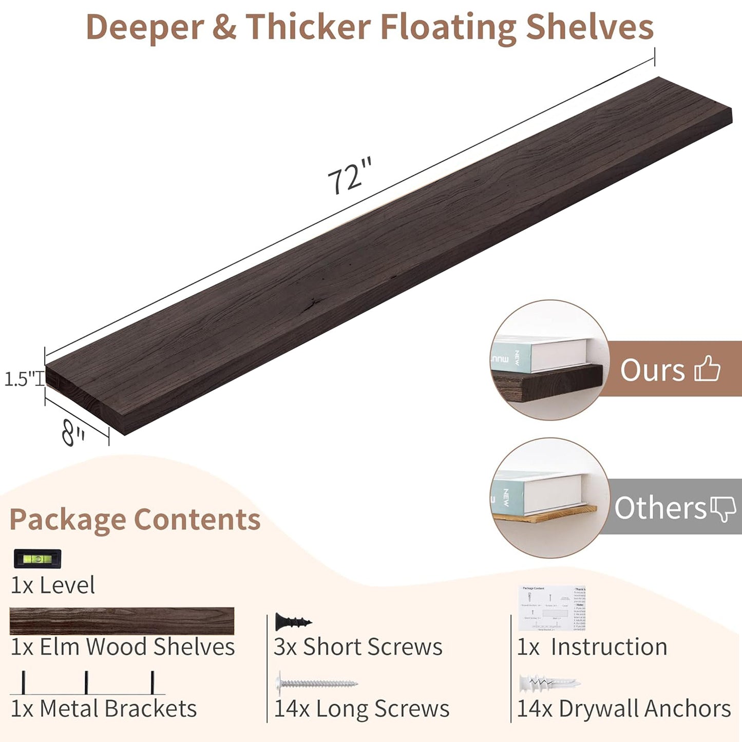 ShelfLoft 72"W x 8"D Rustic Solid Elm Wood Wall Shelves for Storage, Walnut-1 Pack