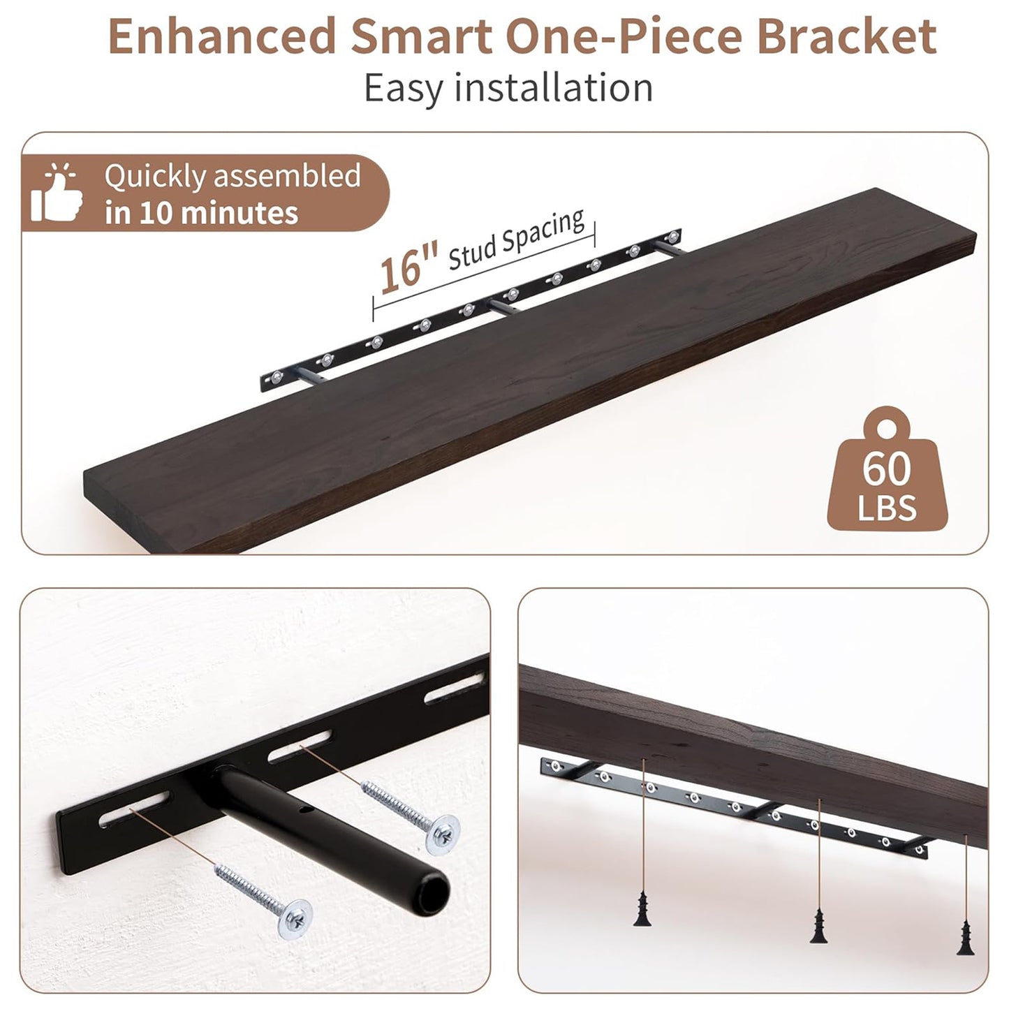 ShelfLoft 72"W x 8"D Rustic Solid Elm Wood Wall Shelves for Storage, Walnut-1 Pack