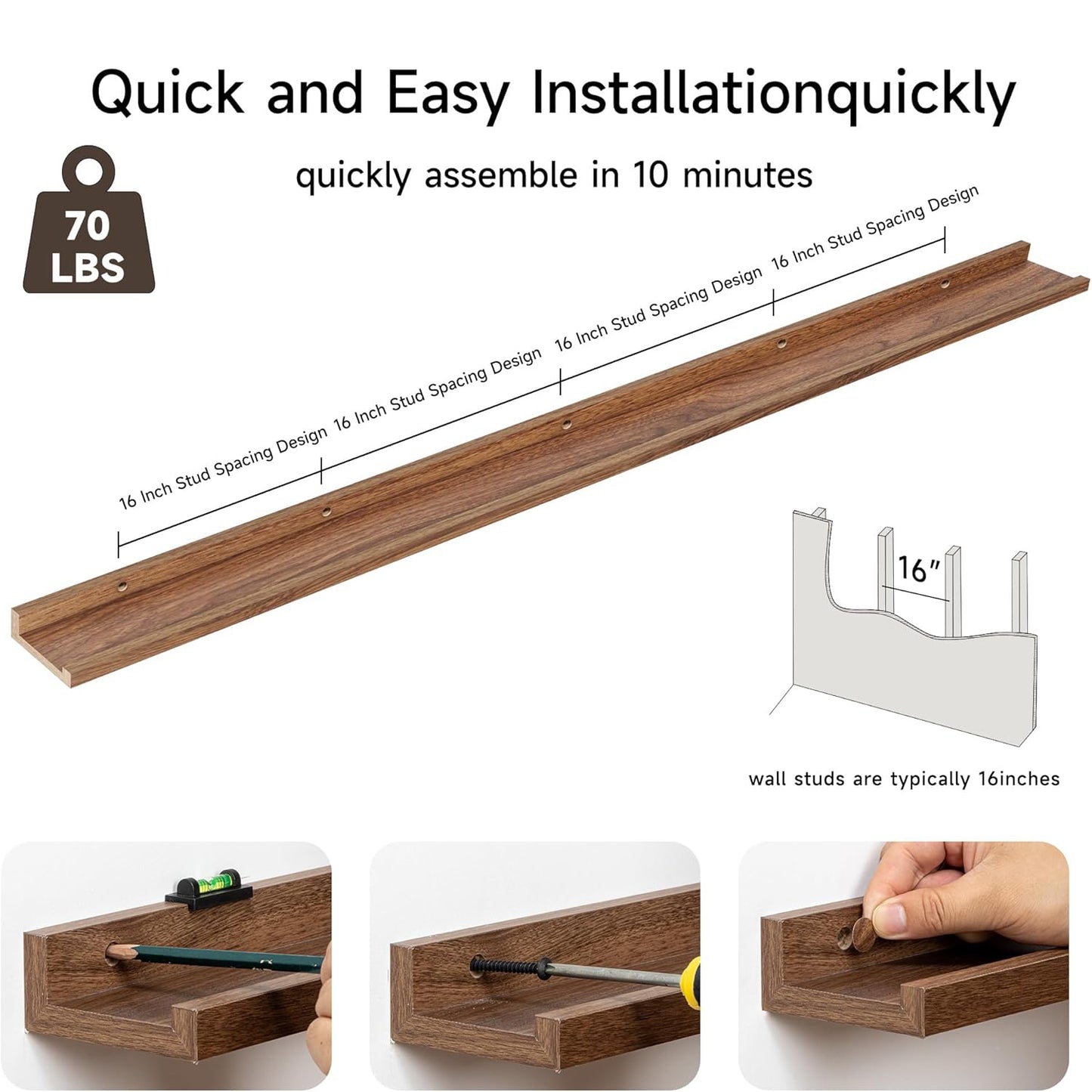 ShelfLoft 3.5"D x 1.6"H Walnut Picture Ledge Shelf Wall Display Floating Shelves