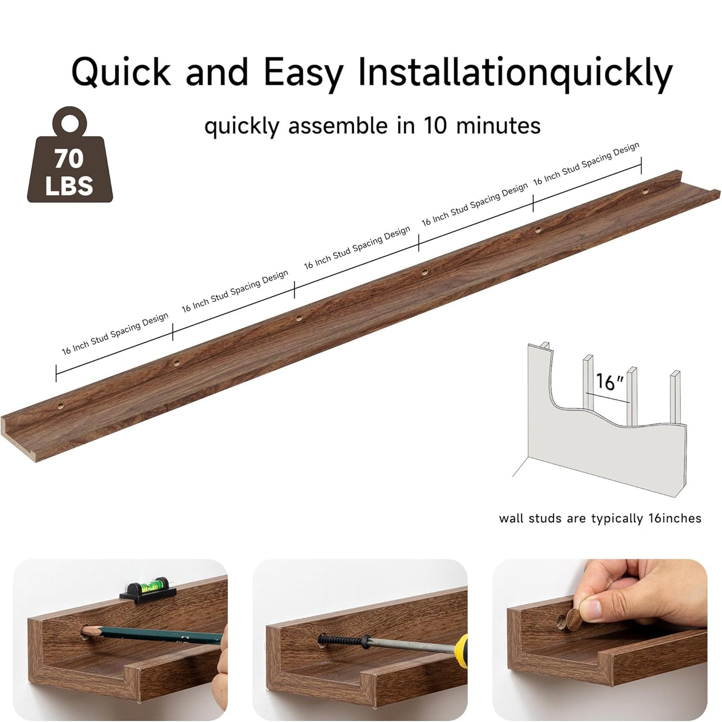 ShelfLoft 3.5"D x 1.6"H Walnut Picture Ledge Shelf Wall Display Floating Shelves