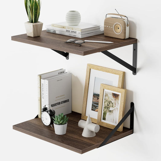 ShelfLoft 16" Wide x 12" Deep 40lbs Walnut Floating Shelves with Black Brackets,Set of 2