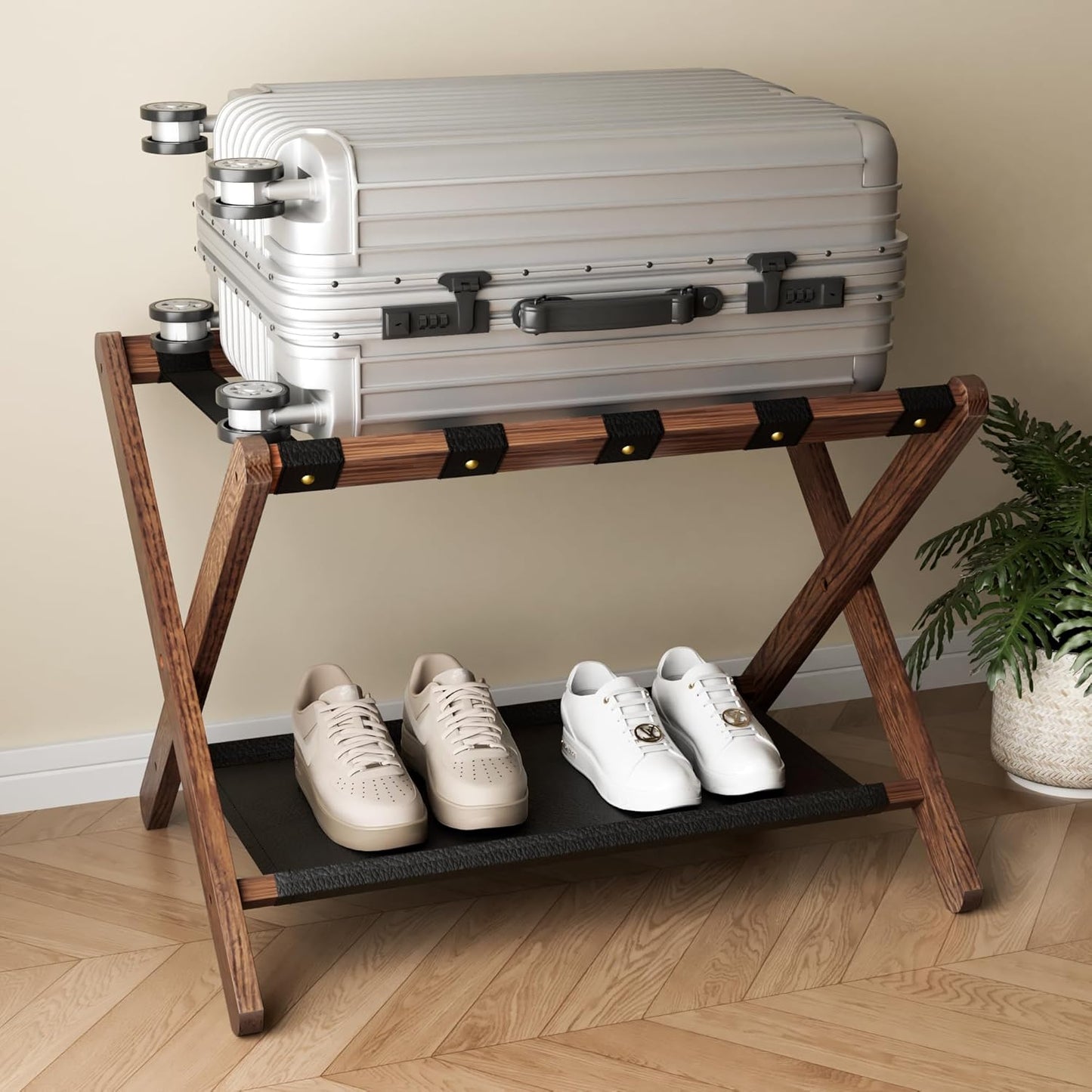 Shelfloft Solid Oak Folding Luggage Rack with Storage Shelf