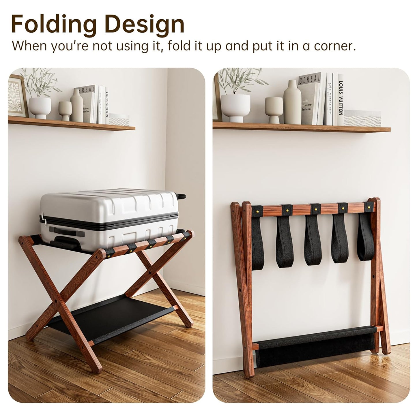 Shelfloft Solid Oak Folding Luggage Rack with Storage Shelf