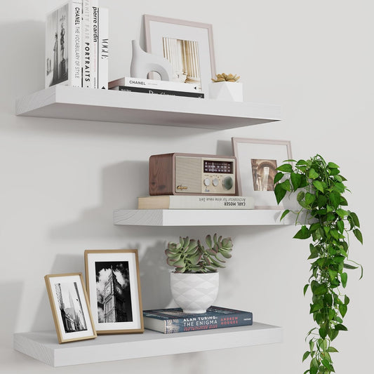 ShelfLoft 17"W x 6.7"D Natural Paulownia Wood Floating Shelves,Washed White-3 Pack