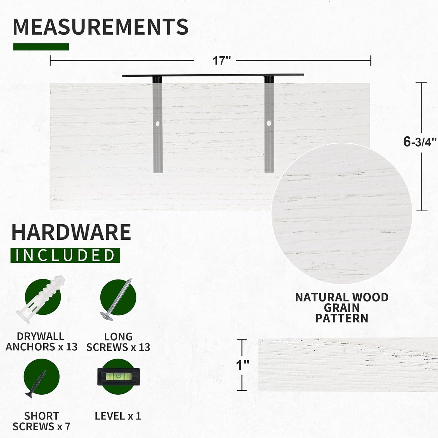 ShelfLoft 6.8"D x 1.4"H Washed White Natural Paulownia Wood Floating Shelves