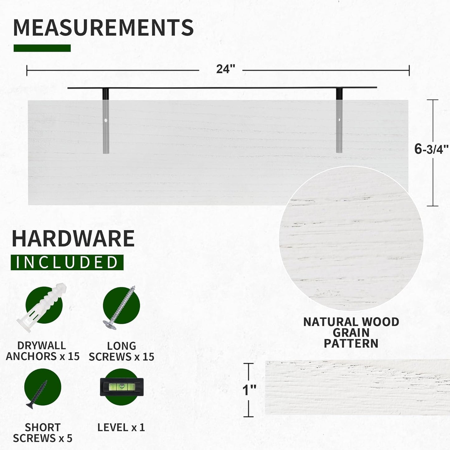 ShelfLoft 24"W x 6.7"D Natural Paulownia Wood Floating Shelves,Washed White-2 Pack