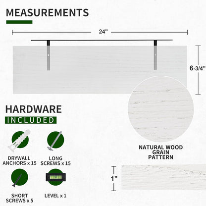 ShelfLoft 24"W x 6.7"D Natural Paulownia Wood Floating Shelves,Washed White-2 Pack