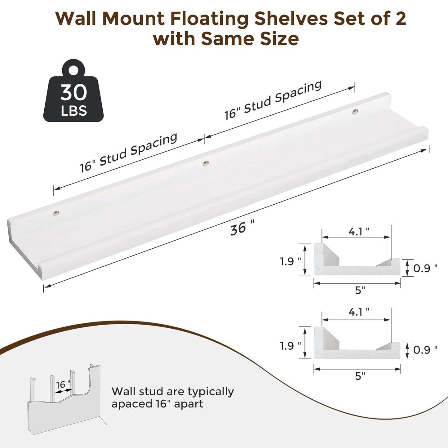 ShelfLoft 36" Wide x 5" Deep 30lbs Picture Ledge Shelf Wood Floating Shelves,2 Pack