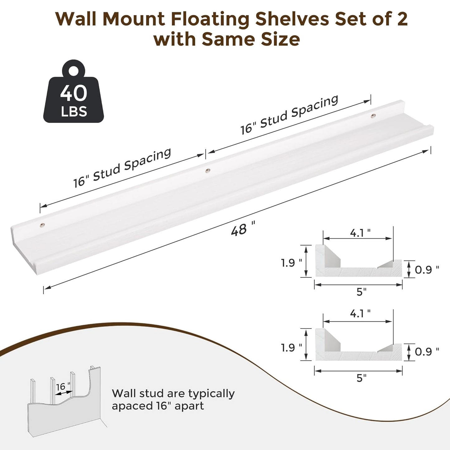 ShelfLoft 48" Wide x 5" Deep 40lbs Picture Ledge Shelf Wood Floating Shelves,2 Pack