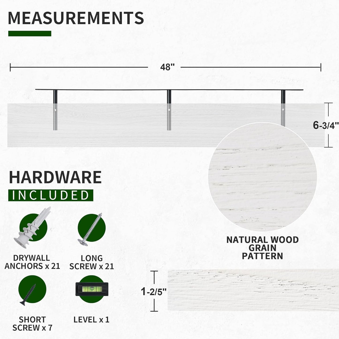 ShelfLoft 48"W x 6.7"D Natural Paulownia Wood Floating Shelves,Washed White-2 Pack