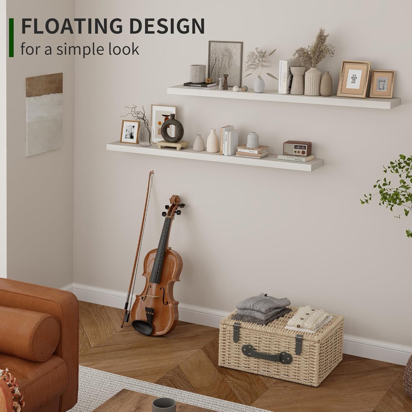 ShelfLoft 48"W x 6.7"D Natural Paulownia Wood Floating Shelves,Washed White-2 Pack