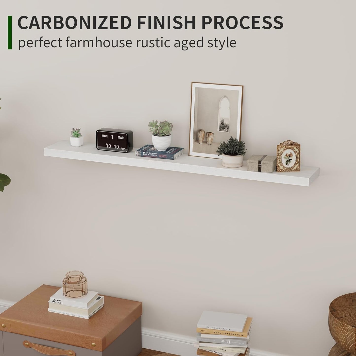 ShelfLoft 48"W x 6.7"D Natural Paulownia Wood Floating Shelves,Washed White-2 Pack