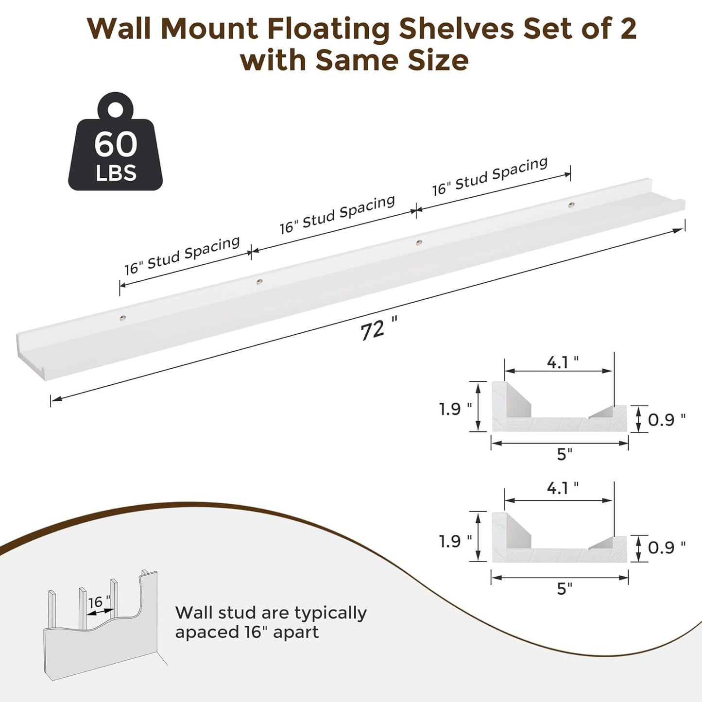 ShelfLoft 72" Wide x 5" Deep 60lbs Picture Ledge Shelf Wood Floating Shelves,2 Pack