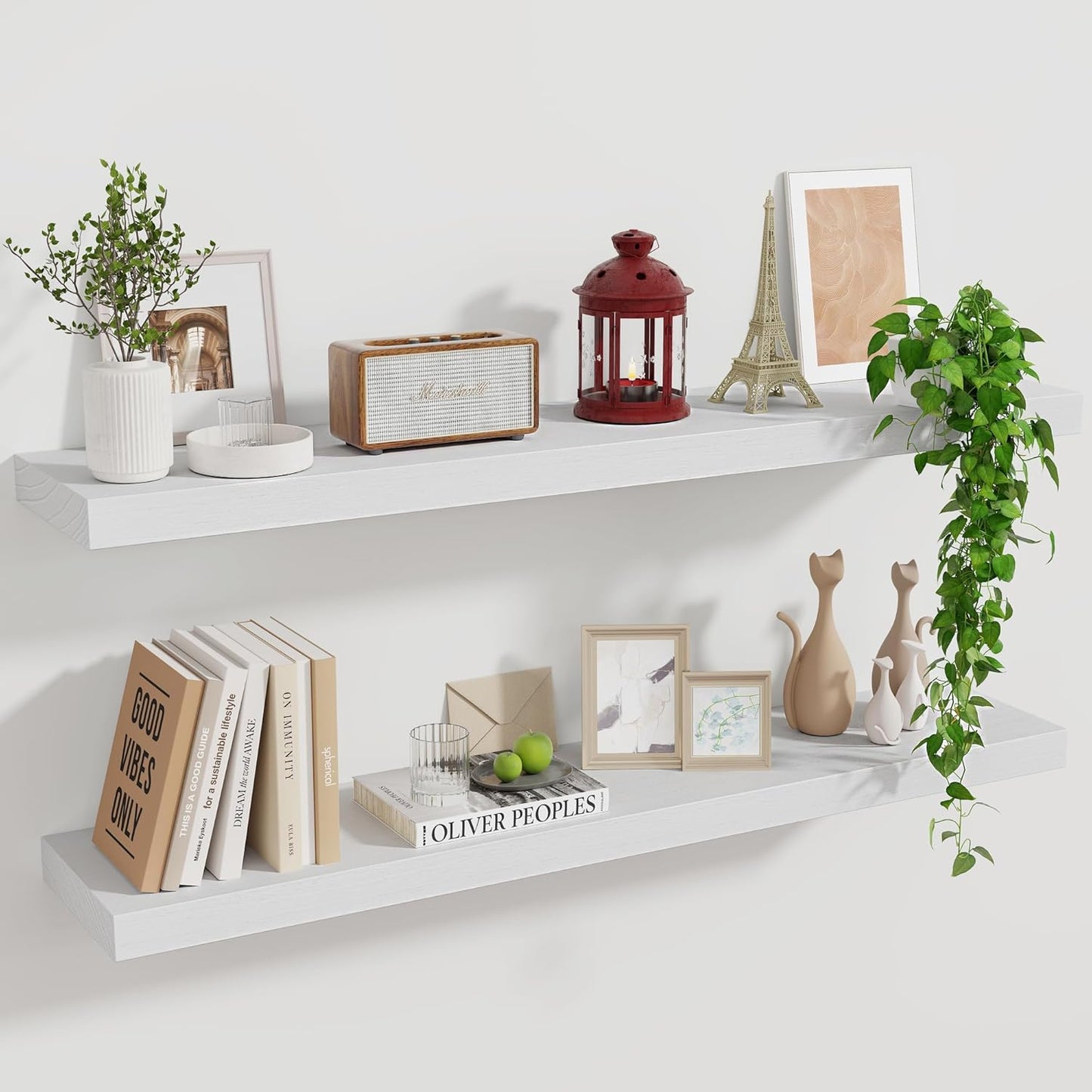 ShelfLoft 36"W x 6.7"D Natural Paulownia Wood Floating Shelves,Washed White-2 Pack