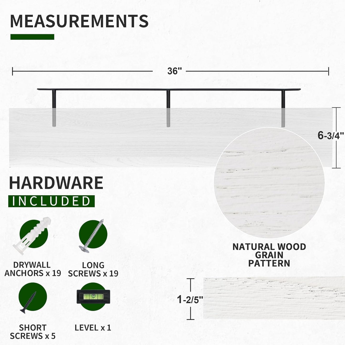 ShelfLoft 36"W x 6.7"D Natural Paulownia Wood Floating Shelves,Washed White-2 Pack