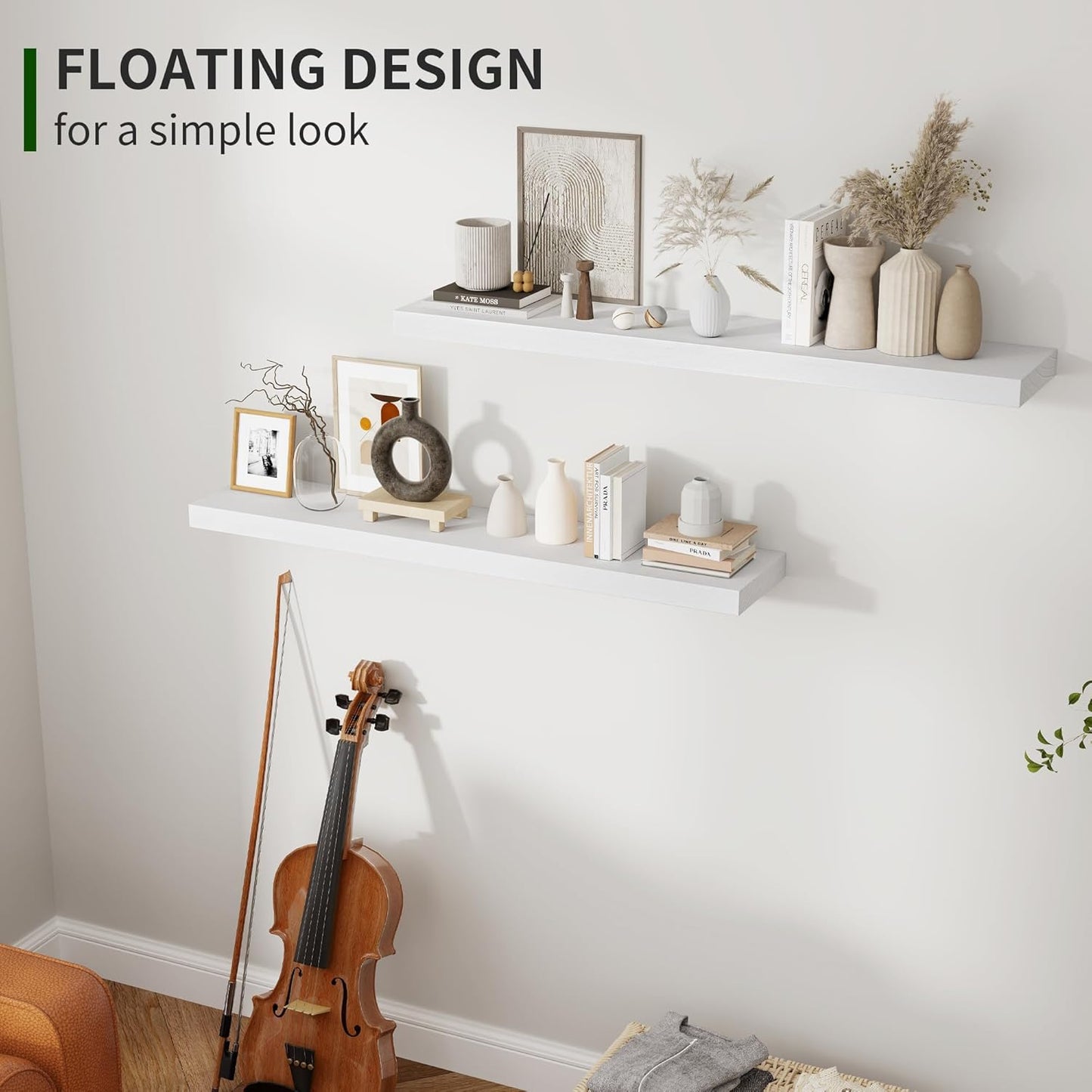 ShelfLoft 36"W x 6.7"D Natural Paulownia Wood Floating Shelves,Washed White-2 Pack