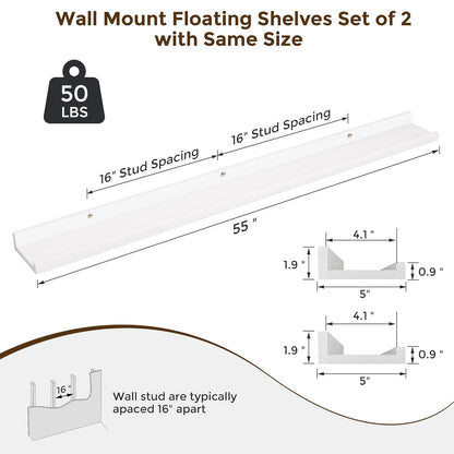 ShelfLoft 55" Wide x 5" Deep 50lbs Picture Ledge Shelf Wood Floating Shelves,2 Pack