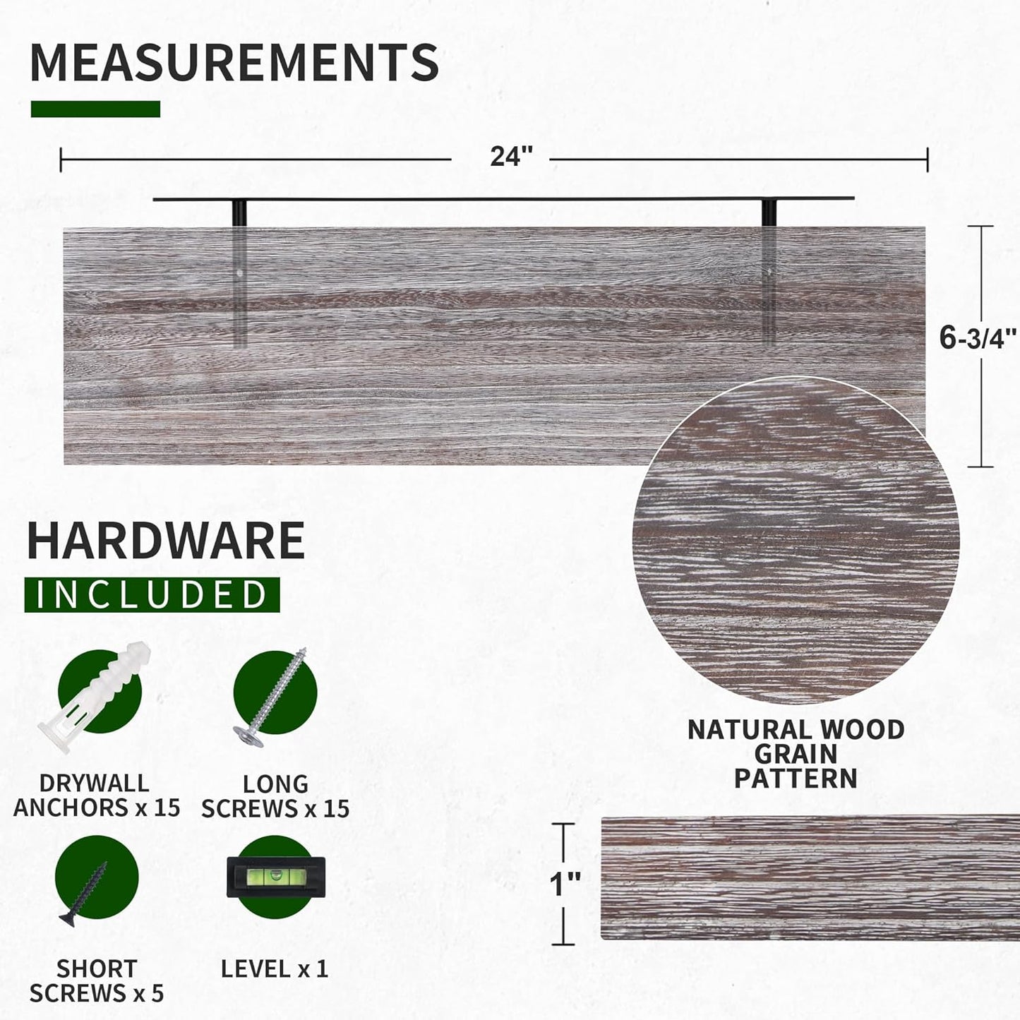 ShelfLoft 24"W x 6.7"D Natural Paulownia Wood Floating Shelves,Weathered-2 Pack