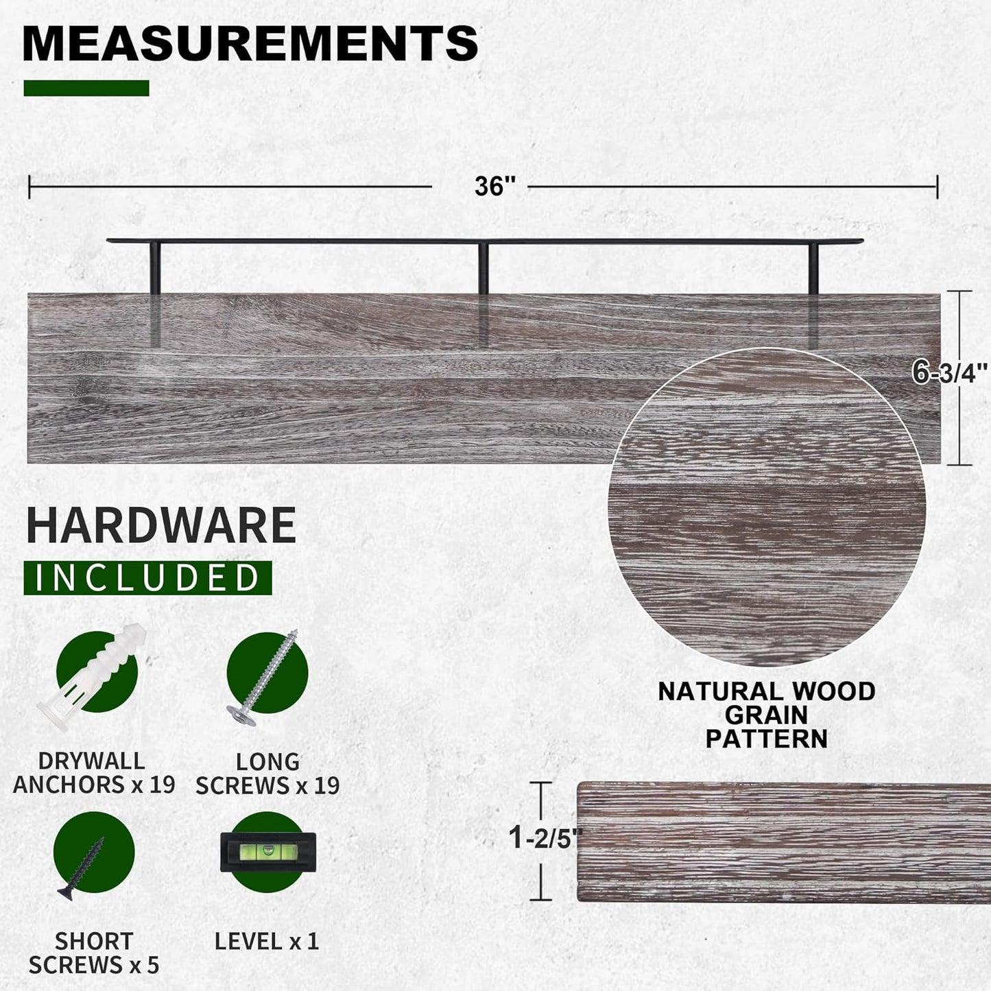 ShelfLoft 36"W x 6.7"D Natural Paulownia Wood Floating Shelves,Weathered-2 Pack