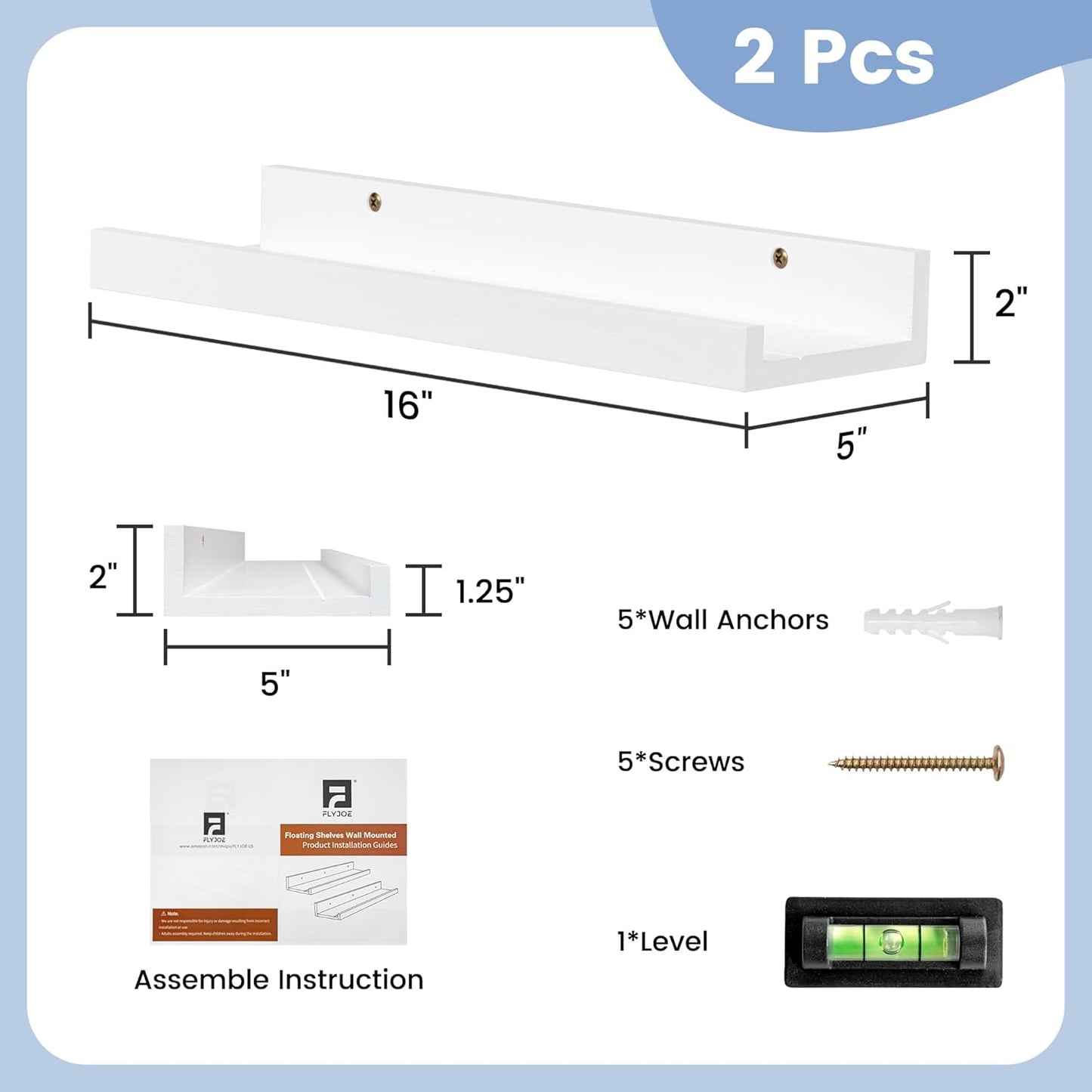 ShelfLoft 16" Wide x 5" Deep Pine Wood Picture Ledge Shelf Wall Shelves with Lip, 2 Pack