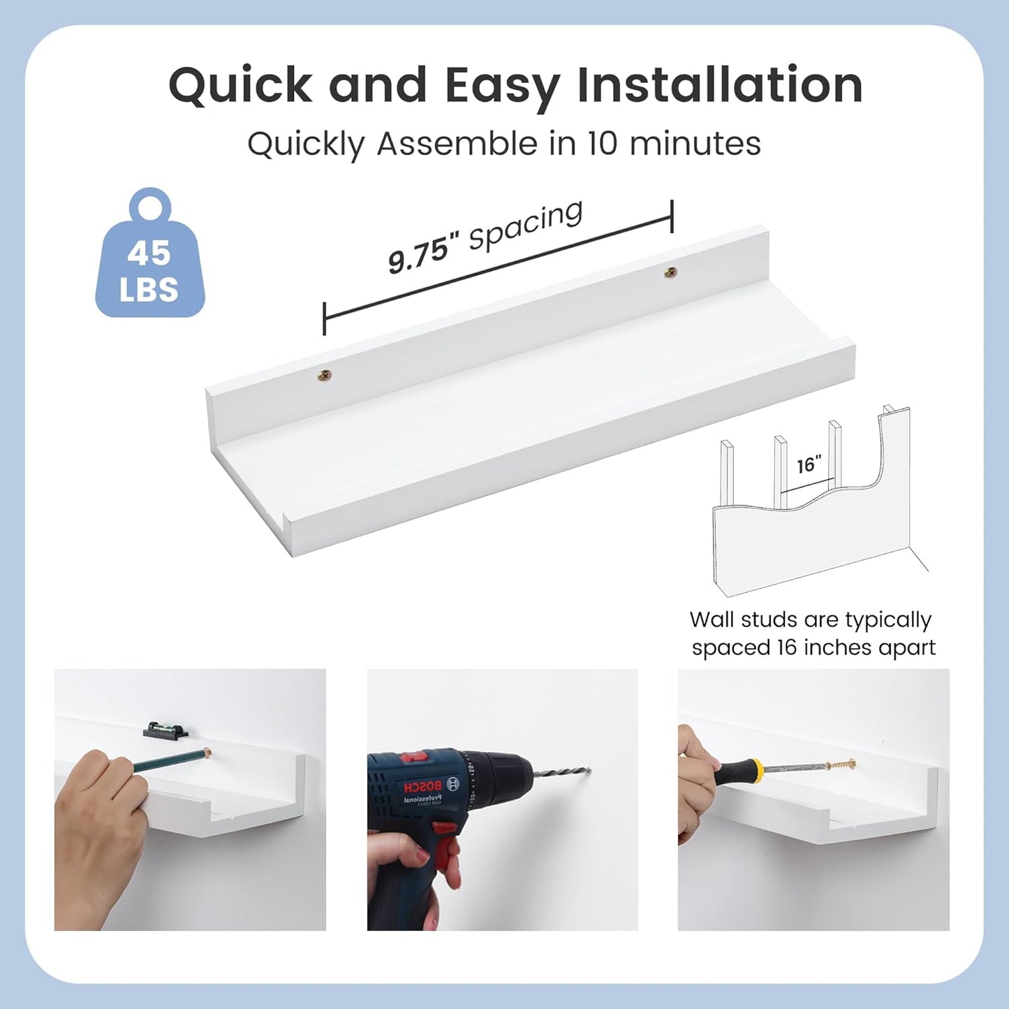 ShelfLoft 5.5"D x 2"H White Pine Wood Picture Ledge Shelf Nursery Bookshelf for Kids' Room, 2 Pack