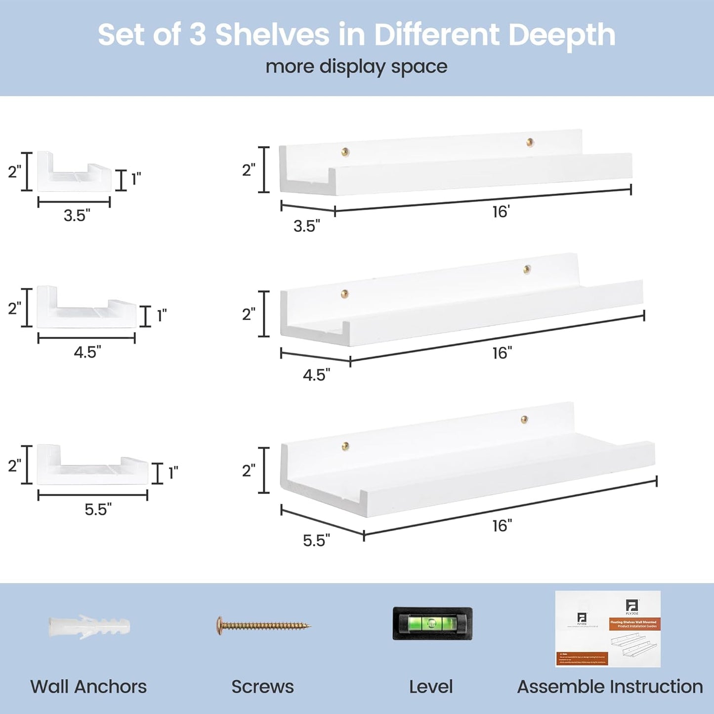 ShelfLoft 5.5"D x 2"H White Pine Wood Picture Ledge Shelf Nursery Bookshelf for Kids' Room, 2 Pack