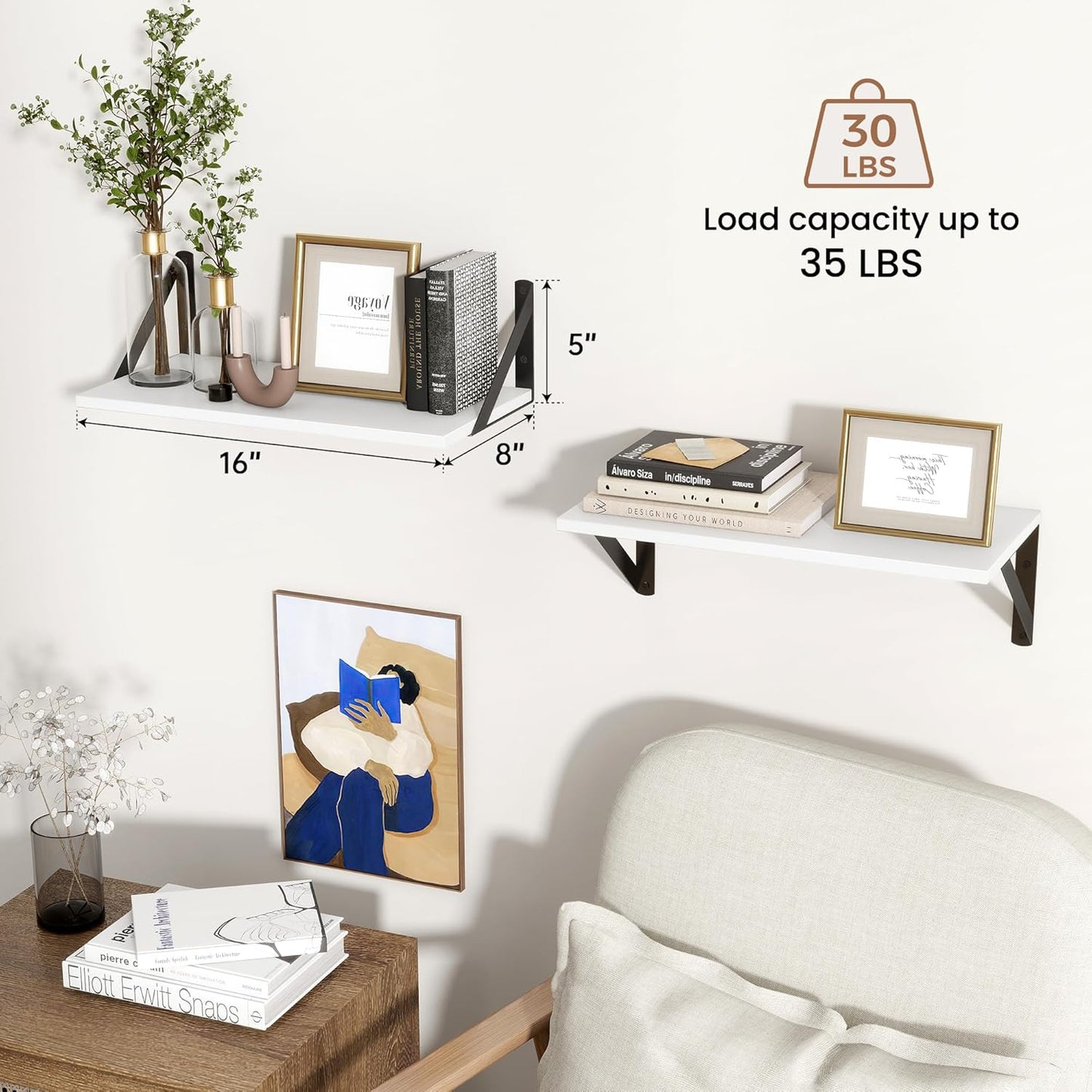 ShelfLoft 8"D x 4.9"H White Wall Mounted Floating Shelves