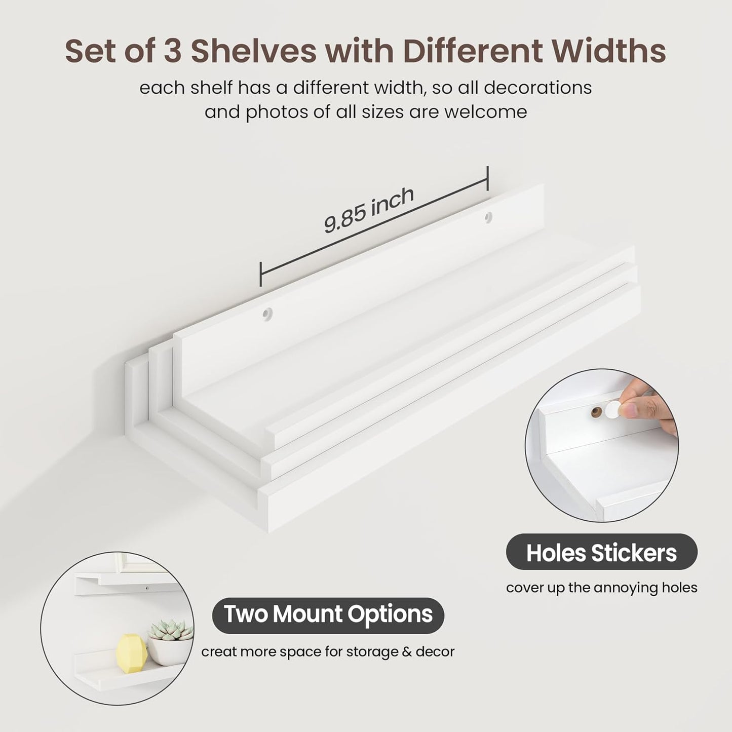 ShelfLoft 16"W x 4.2"D White Picture Ledge Shelf Floating Shelves with Lip Set of 3