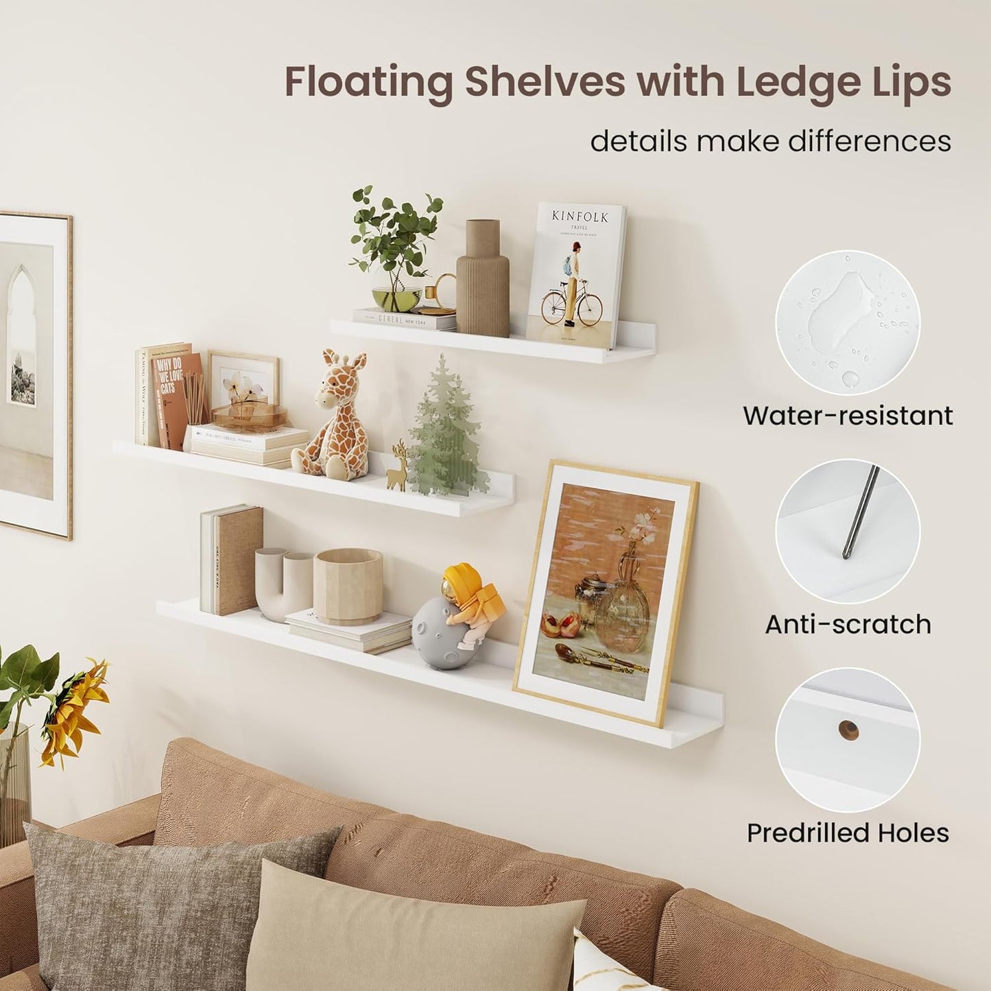 ShelfLoft 16" Wide x 4.2" Deep Picture Ledge Shelf Floating Shelves with Lip Set of 3