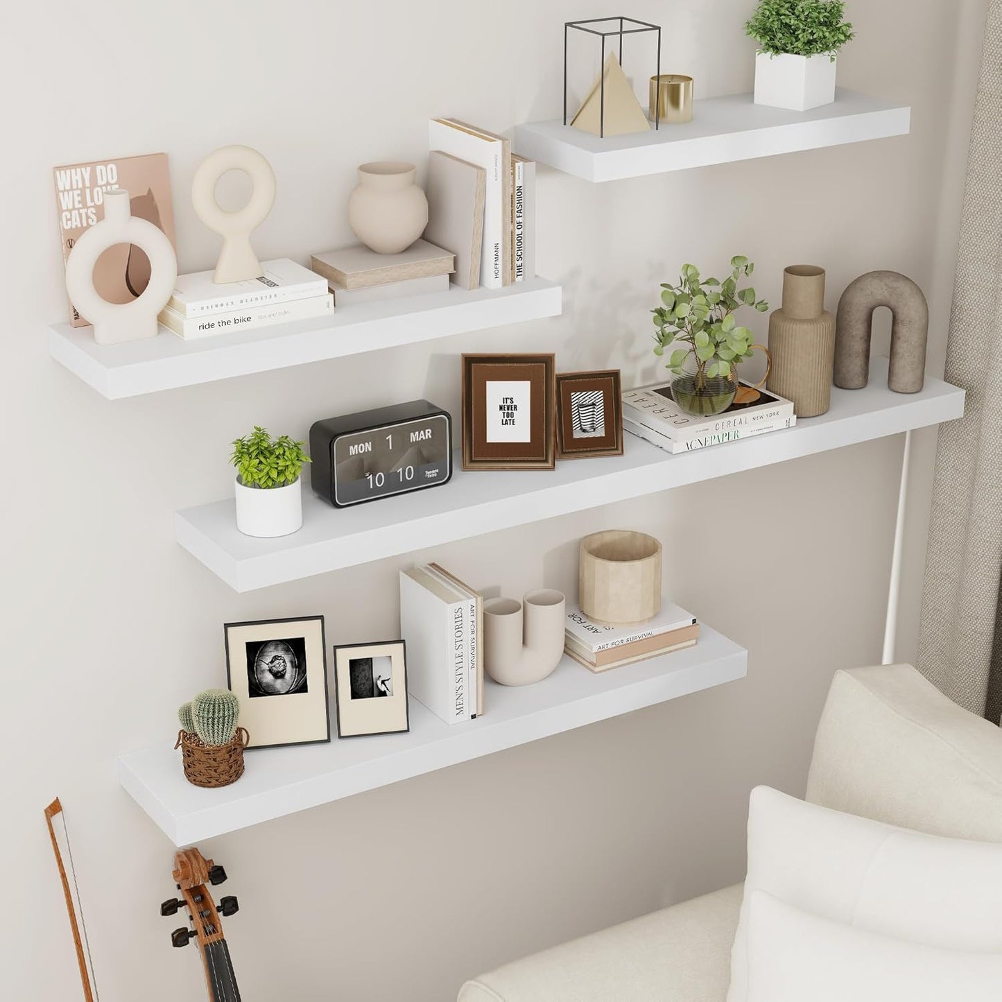 ShelfLoft 17"W x 6.7"D Paulownia Wood Wall Display Decor Floating Shelves,White-3 Pack