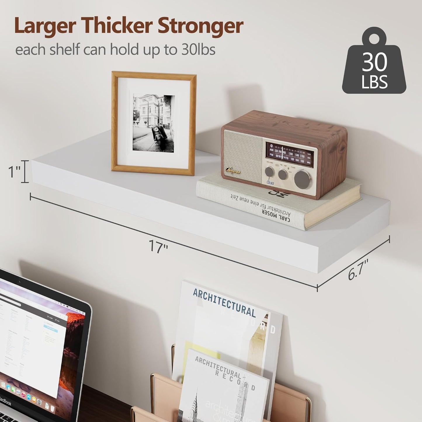 ShelfLoft 17"W x 6.7"D Paulownia Wood Wall Display Decor Floating Shelves,White-3 Pack