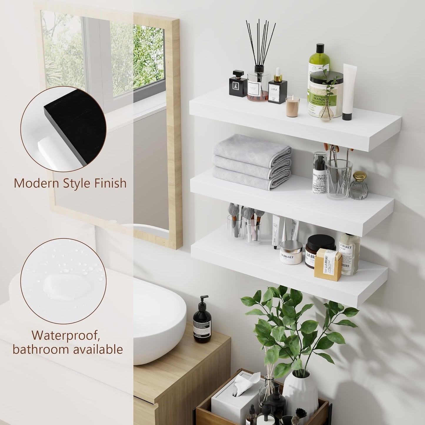 ShelfLoft 17"W x 6.7"D Paulownia Wood Wall Display Decor Floating Shelves,White-3 Pack