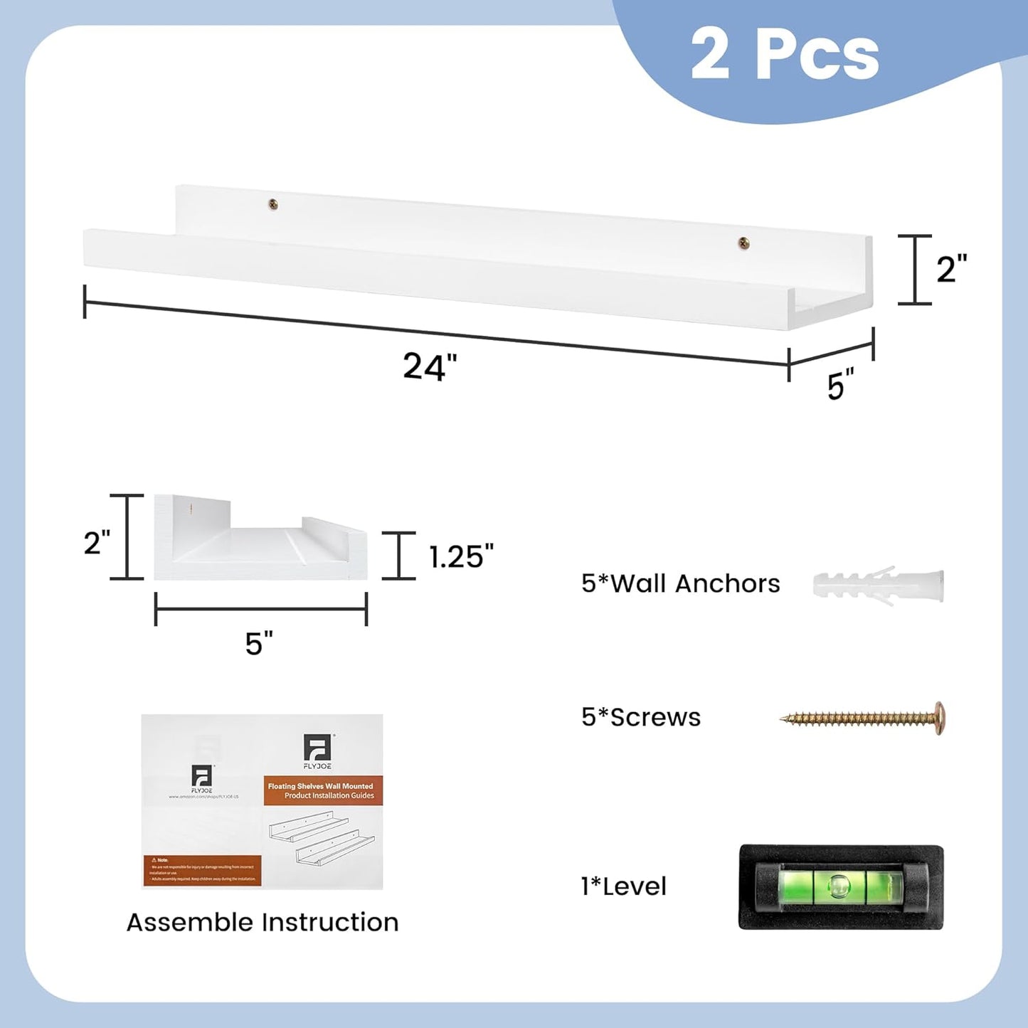 ShelfLoft 24" Wide x 5" Deep Pine Wood Picture Ledge Shelf Wall Shelves with Lip, 2 Pack