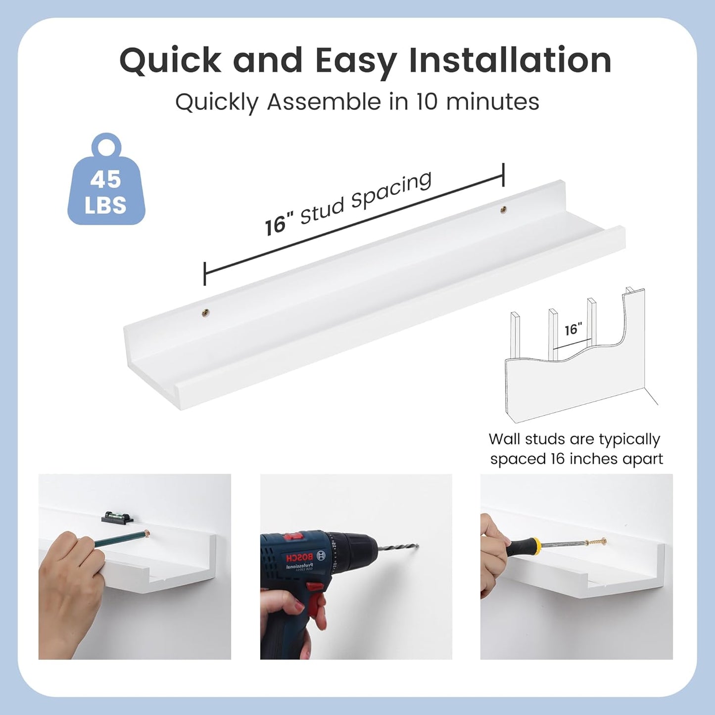 ShelfLoft 5.5"D x 2"H White Pine Wood Picture Ledge Shelf Nursery Bookshelf for Kids' Room, 2 Pack