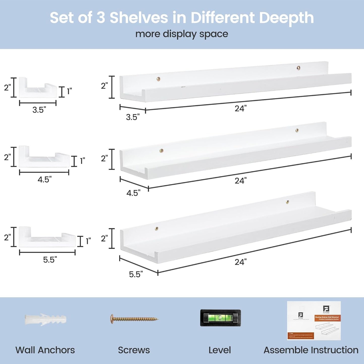 ShelfLoft 5.5"D x 2"H White Pine Wood Picture Ledge Shelf Nursery Bookshelf for Kids' Room, 2 Pack