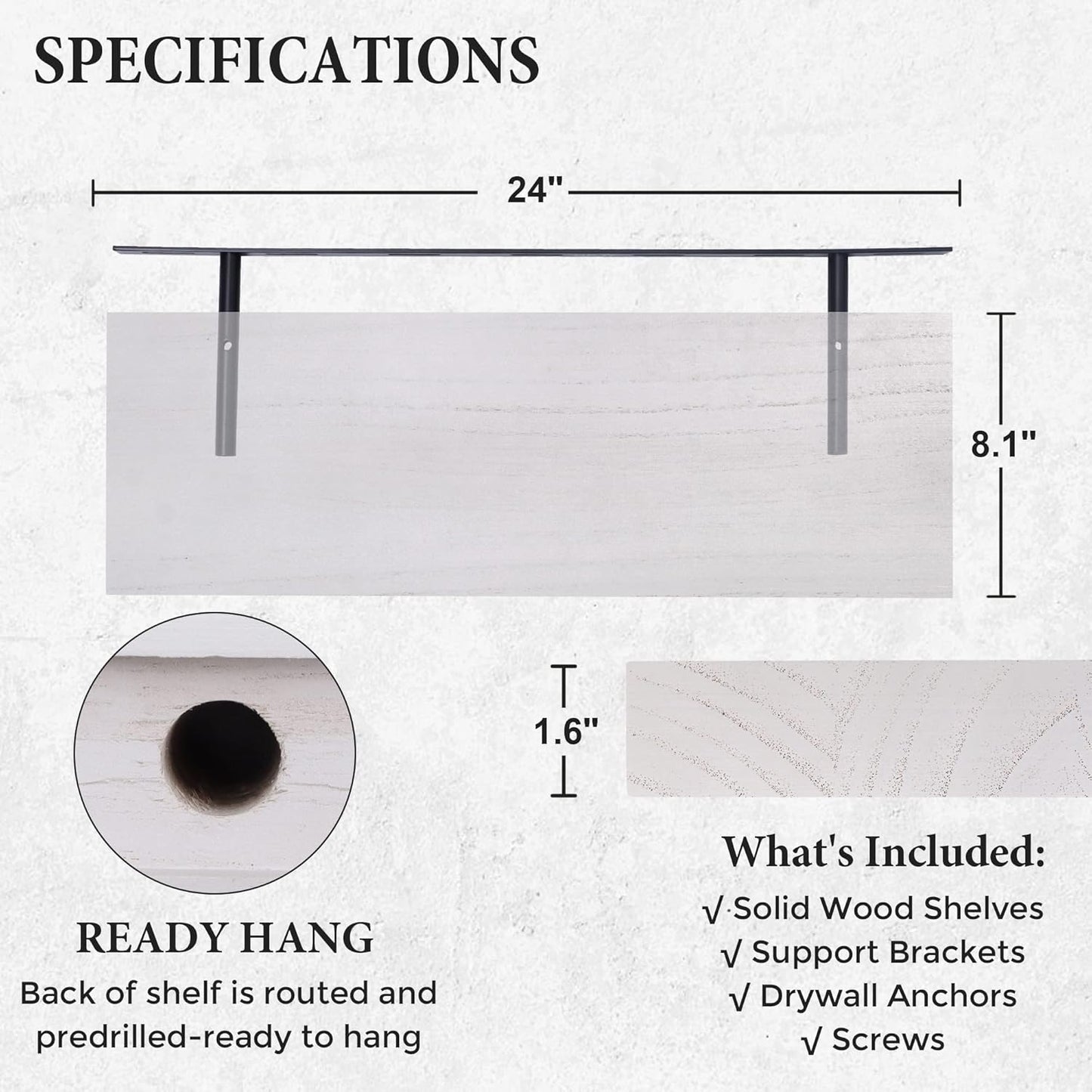 ShelfLoft 8.1"D x 1.6"H Snow White Modern Solid Wood Floating Shelves for Wall Storage