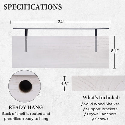 ShelfLoft 8.1"D x 1.6"H Snow White Modern Solid Wood Floating Shelves for Wall Storage