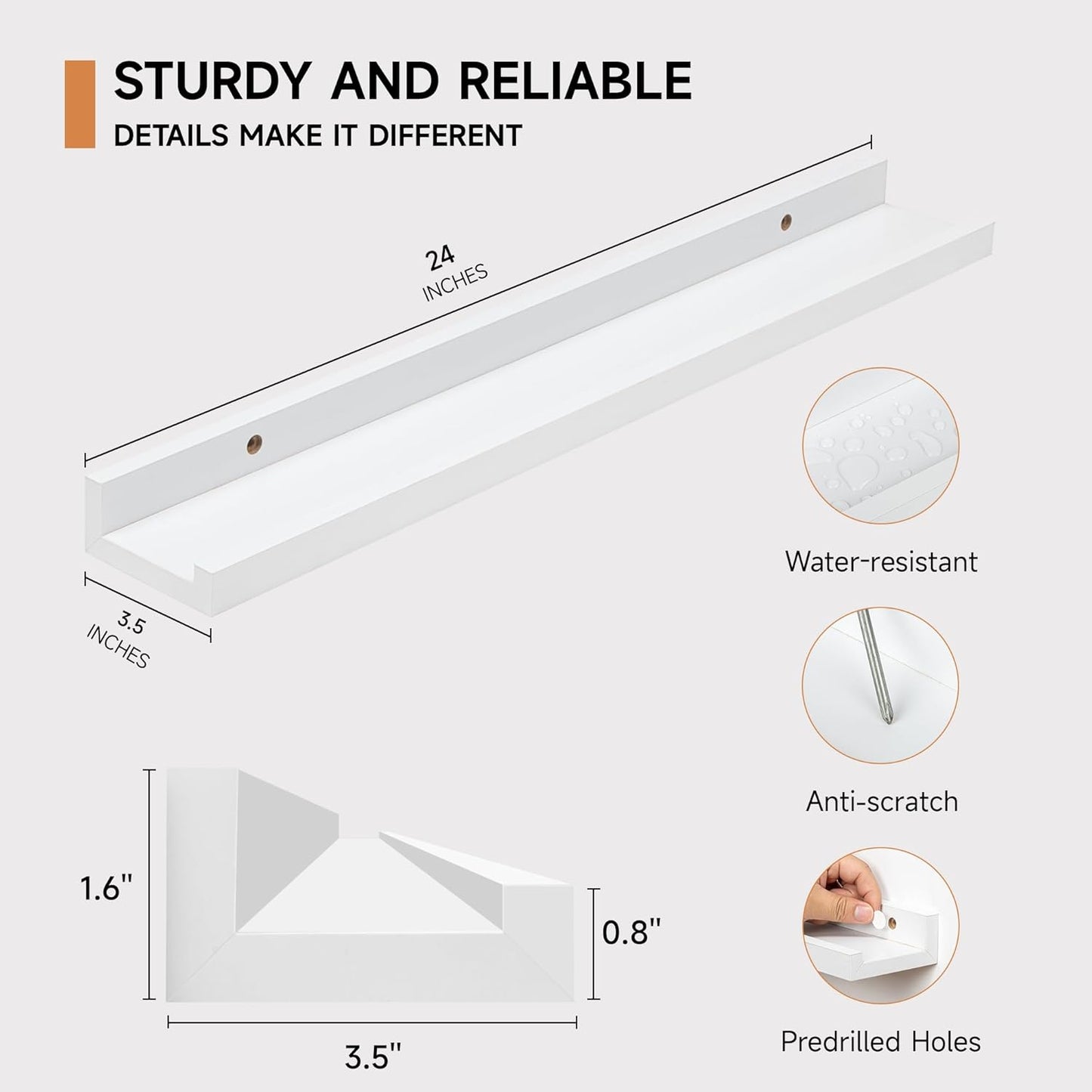 ShelfLoft 3.5"D x 1.6"H White Picture Ledge Shelf Nursery Bookshelf Floating Shelves