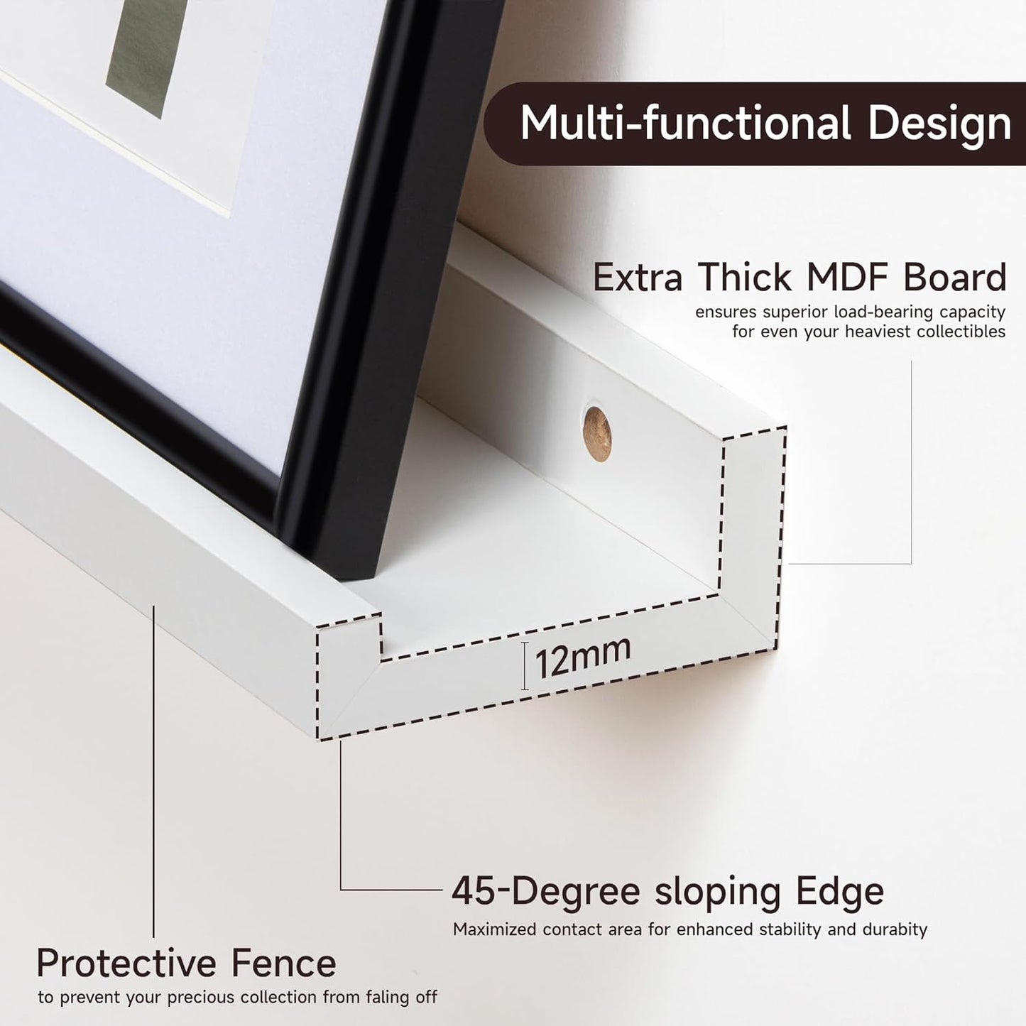 ShelfLoft 3.5"D x 1.6"H White Picture Ledge Shelf Nursery Bookshelf Floating Shelves