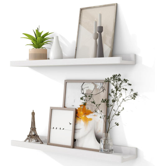 ShelfLoft 4.7"D x 1.65"H White Solid Ash Wood Picture Ledge Floating Shelves, Set of 2