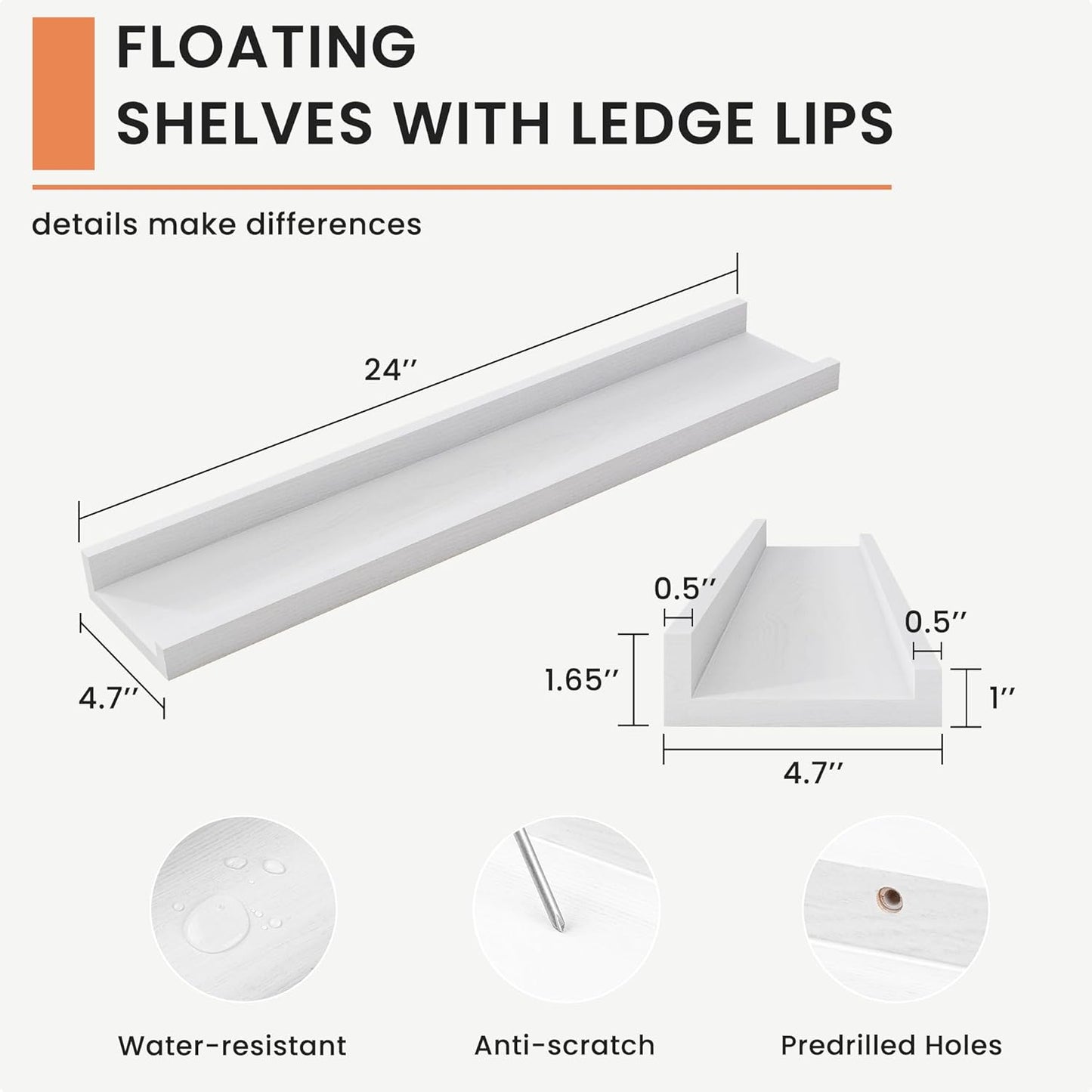 ShelfLoft 4.7"D x 1.65"H White Solid Ash Wood Picture Ledge Floating Shelves, Set of 2