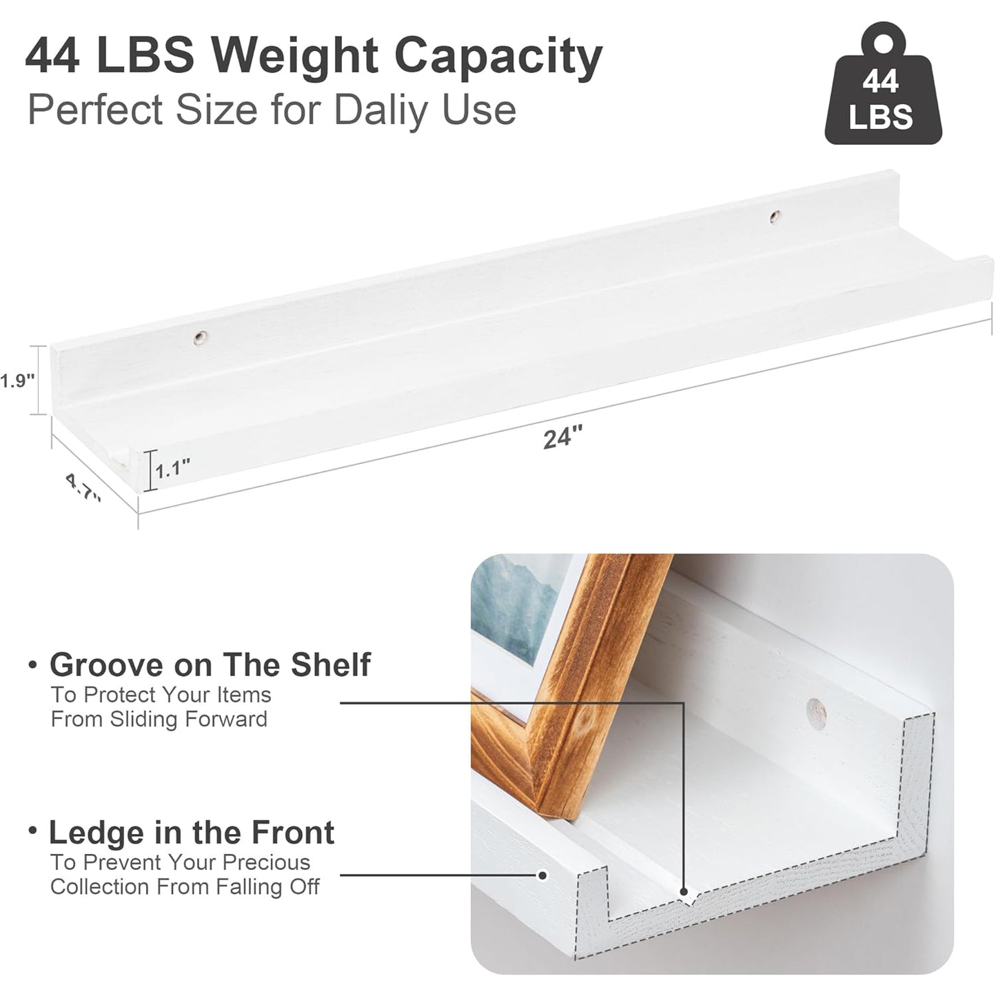 ShelfLoft 4.7"D x 1.9"H White Solid Oak Wood Picture Ledge Floating Shelves,Set of 2